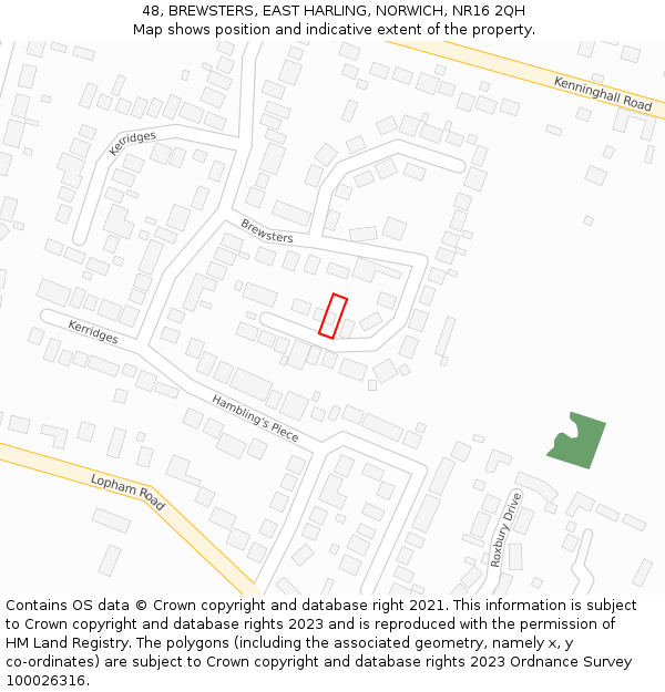 48, BREWSTERS, EAST HARLING, NORWICH, NR16 2QH: Location map and indicative extent of plot