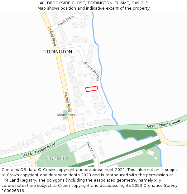 48, BROOKSIDE CLOSE, TIDDINGTON, THAME, OX9 2LS: Location map and indicative extent of plot