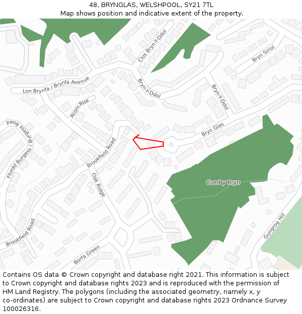 48, BRYNGLAS, WELSHPOOL, SY21 7TL: Location map and indicative extent of plot