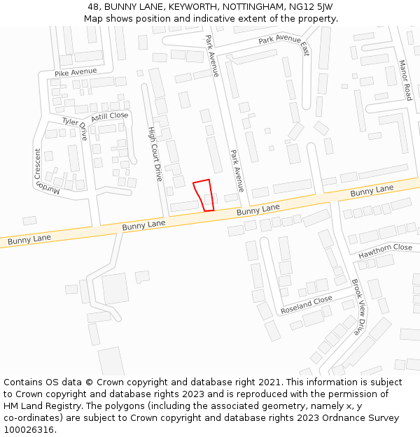 48, BUNNY LANE, KEYWORTH, NOTTINGHAM, NG12 5JW: Location map and indicative extent of plot