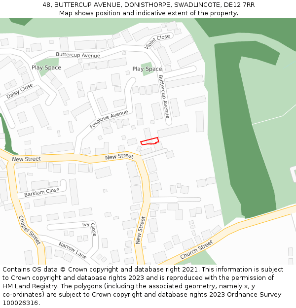 48, BUTTERCUP AVENUE, DONISTHORPE, SWADLINCOTE, DE12 7RR: Location map and indicative extent of plot