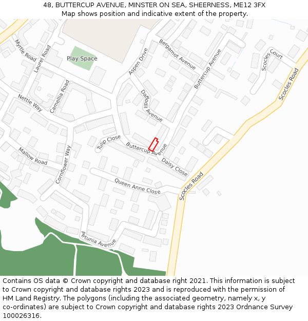 48, BUTTERCUP AVENUE, MINSTER ON SEA, SHEERNESS, ME12 3FX: Location map and indicative extent of plot