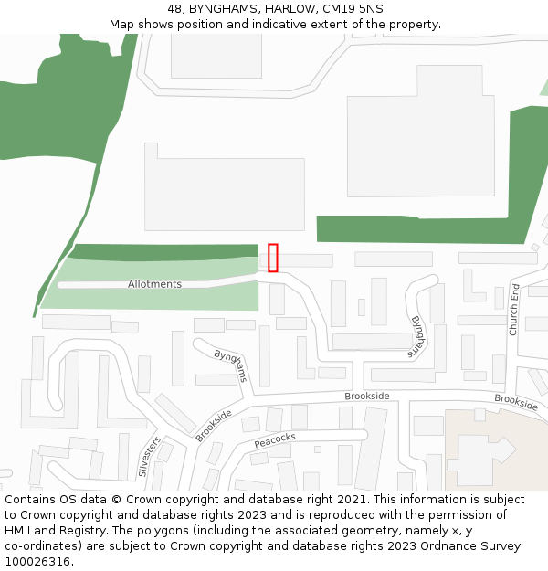 48, BYNGHAMS, HARLOW, CM19 5NS: Location map and indicative extent of plot