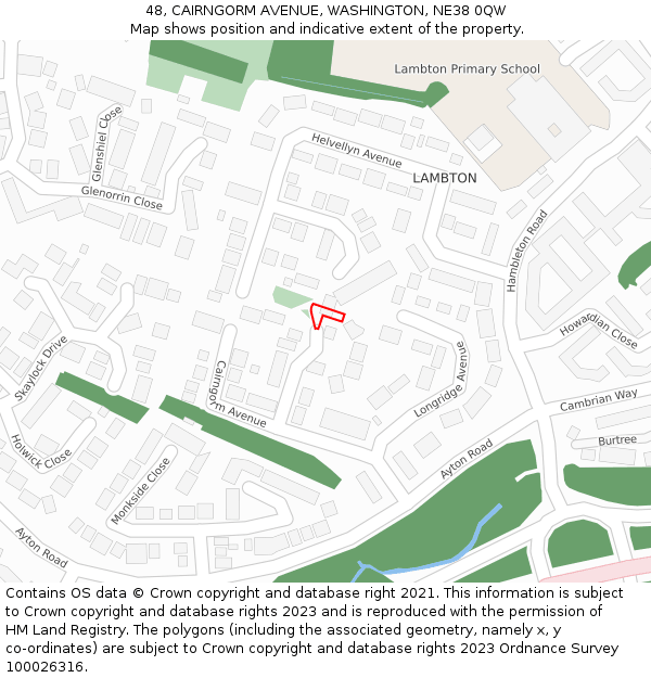 48, CAIRNGORM AVENUE, WASHINGTON, NE38 0QW: Location map and indicative extent of plot