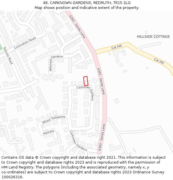 48, CARKNOWN GARDENS, REDRUTH, TR15 2LG: Location map and indicative extent of plot