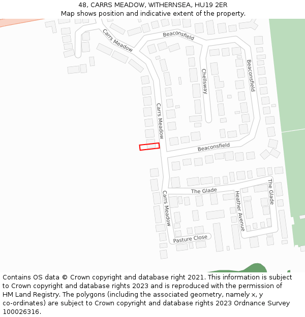 48, CARRS MEADOW, WITHERNSEA, HU19 2ER: Location map and indicative extent of plot