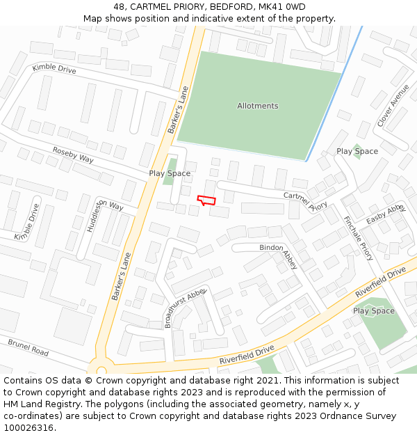 48, CARTMEL PRIORY, BEDFORD, MK41 0WD: Location map and indicative extent of plot