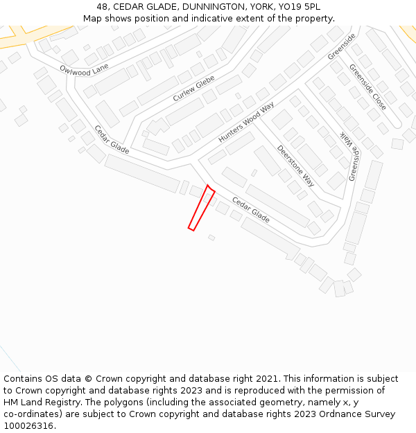 48, CEDAR GLADE, DUNNINGTON, YORK, YO19 5PL: Location map and indicative extent of plot