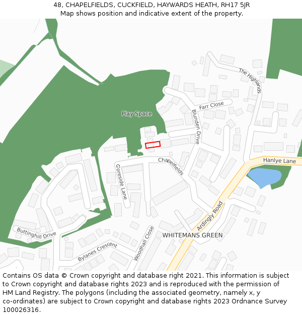 48, CHAPELFIELDS, CUCKFIELD, HAYWARDS HEATH, RH17 5JR: Location map and indicative extent of plot