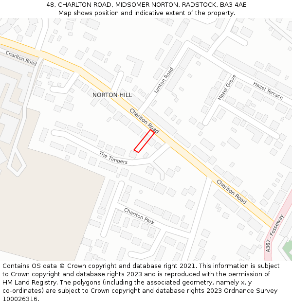 48, CHARLTON ROAD, MIDSOMER NORTON, RADSTOCK, BA3 4AE: Location map and indicative extent of plot