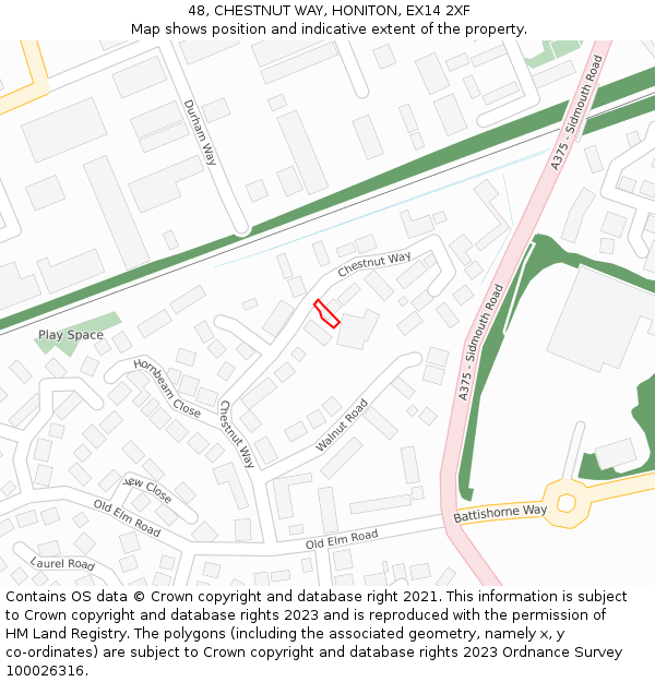 48, CHESTNUT WAY, HONITON, EX14 2XF: Location map and indicative extent of plot
