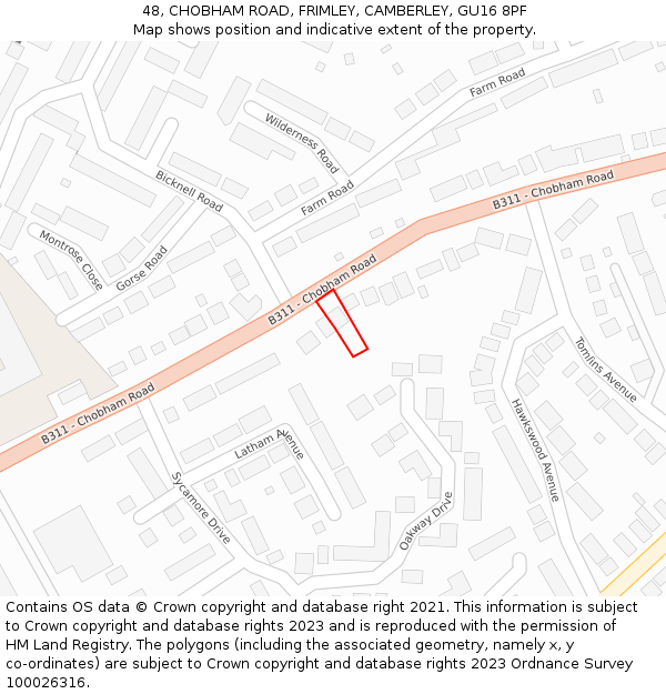 48, CHOBHAM ROAD, FRIMLEY, CAMBERLEY, GU16 8PF: Location map and indicative extent of plot