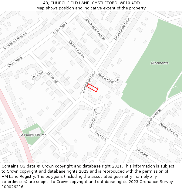 48, CHURCHFIELD LANE, CASTLEFORD, WF10 4DD: Location map and indicative extent of plot