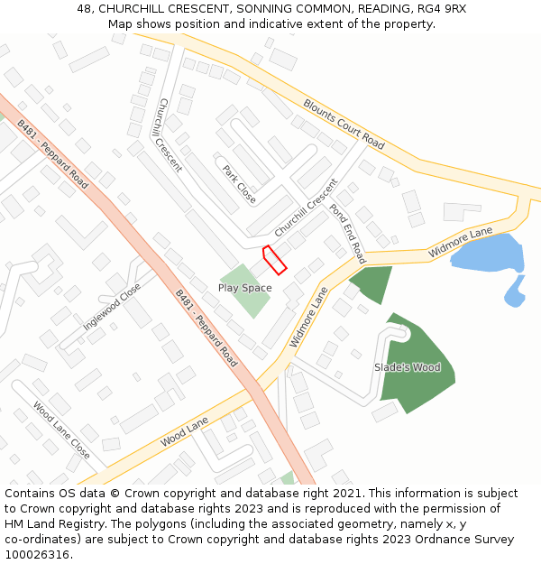 48, CHURCHILL CRESCENT, SONNING COMMON, READING, RG4 9RX: Location map and indicative extent of plot