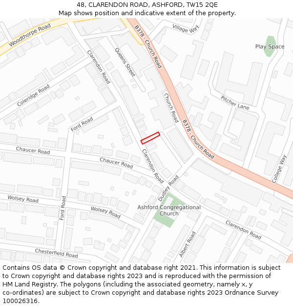 48, CLARENDON ROAD, ASHFORD, TW15 2QE: Location map and indicative extent of plot