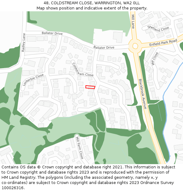 48, COLDSTREAM CLOSE, WARRINGTON, WA2 0LL: Location map and indicative extent of plot