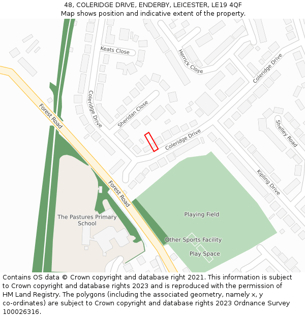 48, COLERIDGE DRIVE, ENDERBY, LEICESTER, LE19 4QF: Location map and indicative extent of plot