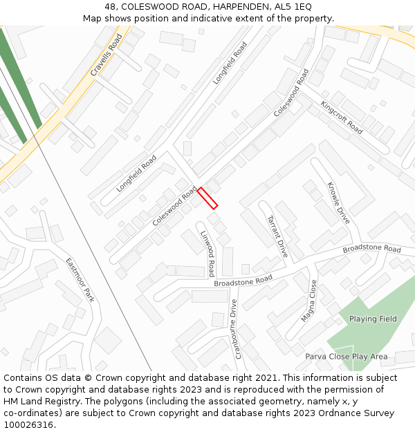 48, COLESWOOD ROAD, HARPENDEN, AL5 1EQ: Location map and indicative extent of plot