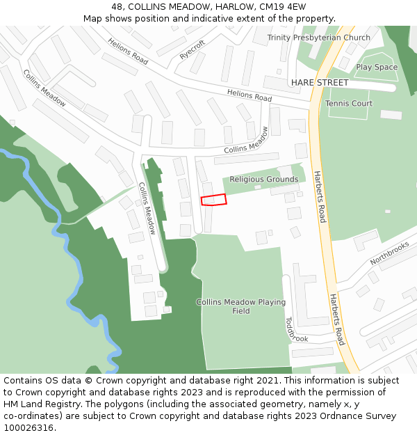 48, COLLINS MEADOW, HARLOW, CM19 4EW: Location map and indicative extent of plot