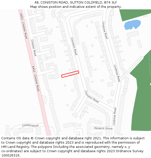 48, CONISTON ROAD, SUTTON COLDFIELD, B74 3LF: Location map and indicative extent of plot