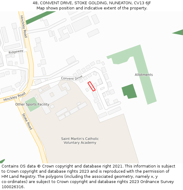 48, CONVENT DRIVE, STOKE GOLDING, NUNEATON, CV13 6JF: Location map and indicative extent of plot