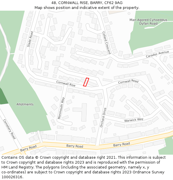 48, CORNWALL RISE, BARRY, CF62 9AG: Location map and indicative extent of plot