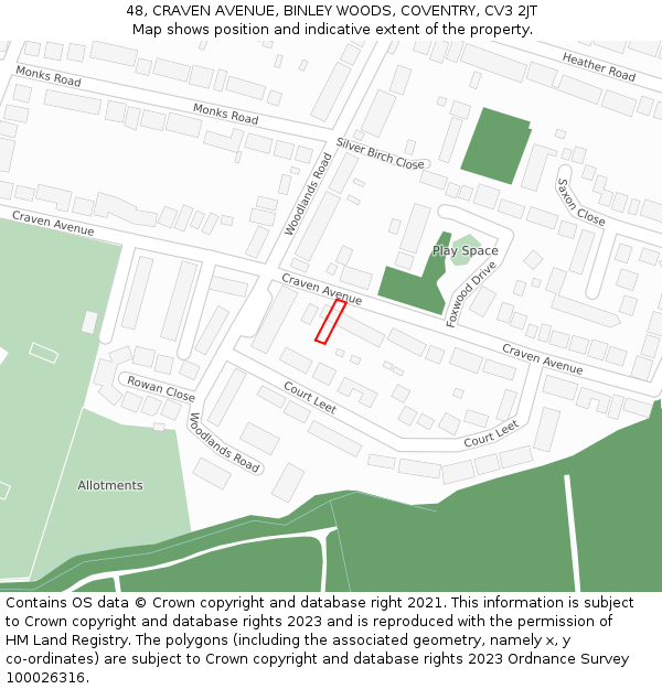 48, CRAVEN AVENUE, BINLEY WOODS, COVENTRY, CV3 2JT: Location map and indicative extent of plot