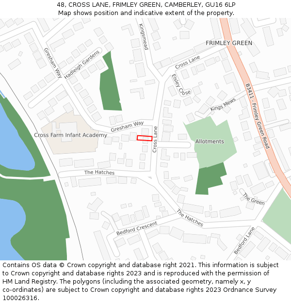 48, CROSS LANE, FRIMLEY GREEN, CAMBERLEY, GU16 6LP: Location map and indicative extent of plot