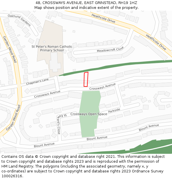 48, CROSSWAYS AVENUE, EAST GRINSTEAD, RH19 1HZ: Location map and indicative extent of plot