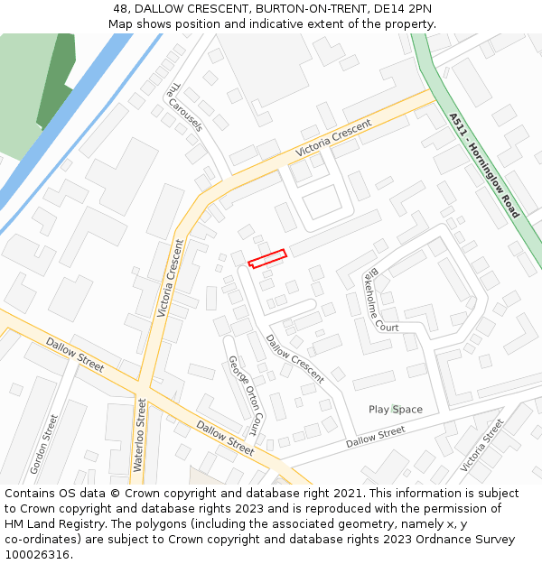 48, DALLOW CRESCENT, BURTON-ON-TRENT, DE14 2PN: Location map and indicative extent of plot
