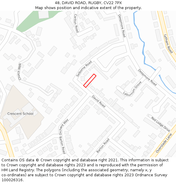 48, DAVID ROAD, RUGBY, CV22 7PX: Location map and indicative extent of plot