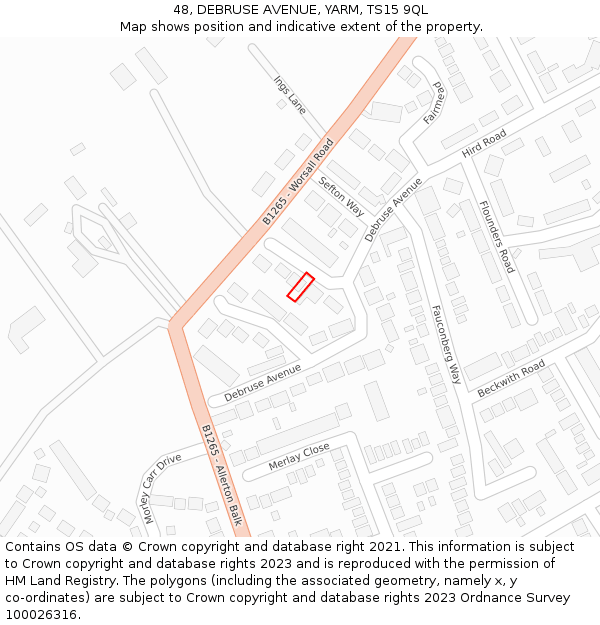 48, DEBRUSE AVENUE, YARM, TS15 9QL: Location map and indicative extent of plot