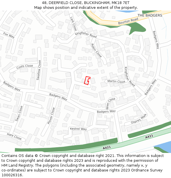 48, DEERFIELD CLOSE, BUCKINGHAM, MK18 7ET: Location map and indicative extent of plot