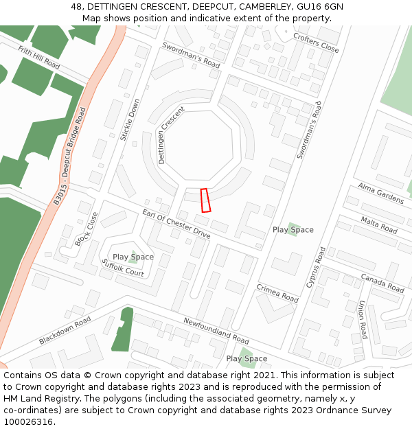 48, DETTINGEN CRESCENT, DEEPCUT, CAMBERLEY, GU16 6GN: Location map and indicative extent of plot