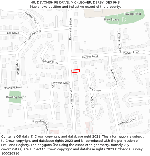 48, DEVONSHIRE DRIVE, MICKLEOVER, DERBY, DE3 9HB: Location map and indicative extent of plot