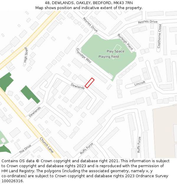 48, DEWLANDS, OAKLEY, BEDFORD, MK43 7RN: Location map and indicative extent of plot