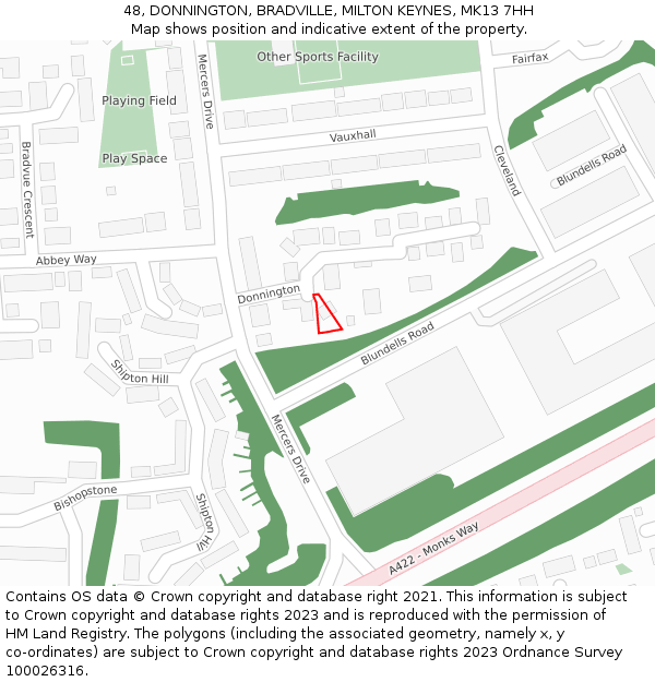 48, DONNINGTON, BRADVILLE, MILTON KEYNES, MK13 7HH: Location map and indicative extent of plot