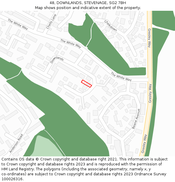 48, DOWNLANDS, STEVENAGE, SG2 7BH: Location map and indicative extent of plot