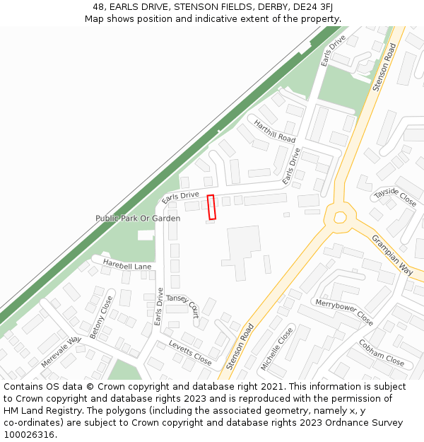 48, EARLS DRIVE, STENSON FIELDS, DERBY, DE24 3FJ: Location map and indicative extent of plot