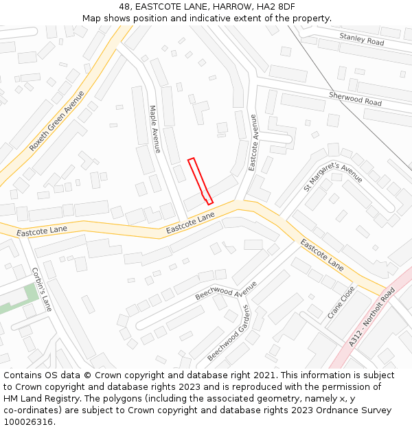 48, EASTCOTE LANE, HARROW, HA2 8DF: Location map and indicative extent of plot