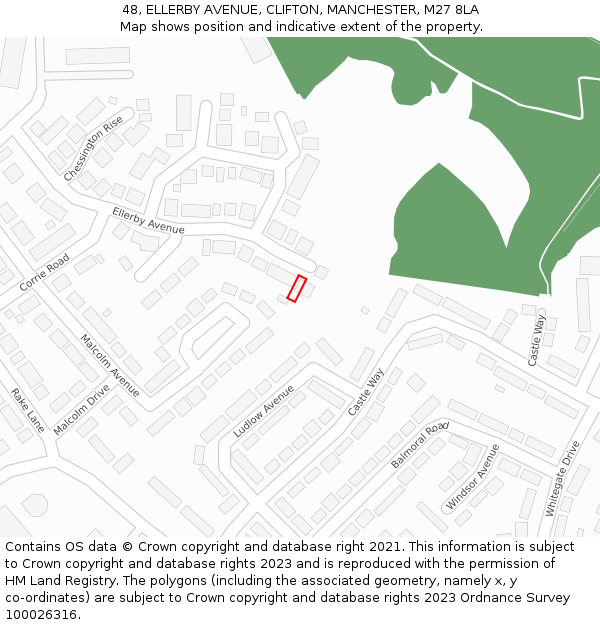 48, ELLERBY AVENUE, CLIFTON, MANCHESTER, M27 8LA: Location map and indicative extent of plot