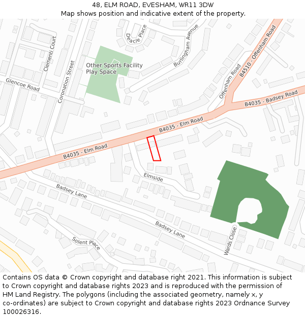 48, ELM ROAD, EVESHAM, WR11 3DW: Location map and indicative extent of plot