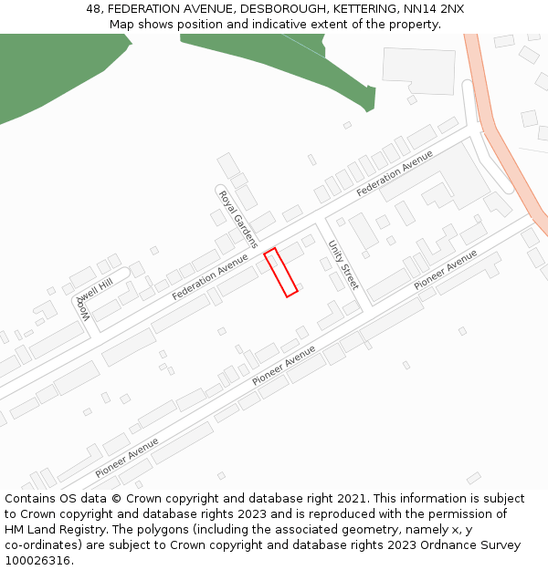 48, FEDERATION AVENUE, DESBOROUGH, KETTERING, NN14 2NX: Location map and indicative extent of plot