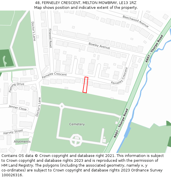 48, FERNELEY CRESCENT, MELTON MOWBRAY, LE13 1RZ: Location map and indicative extent of plot