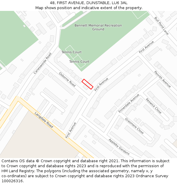 48, FIRST AVENUE, DUNSTABLE, LU6 3AL: Location map and indicative extent of plot