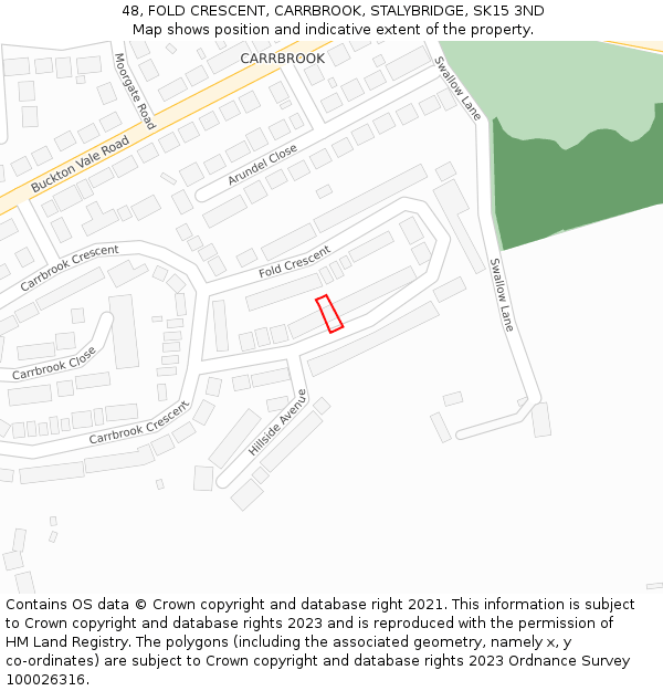 48, FOLD CRESCENT, CARRBROOK, STALYBRIDGE, SK15 3ND: Location map and indicative extent of plot