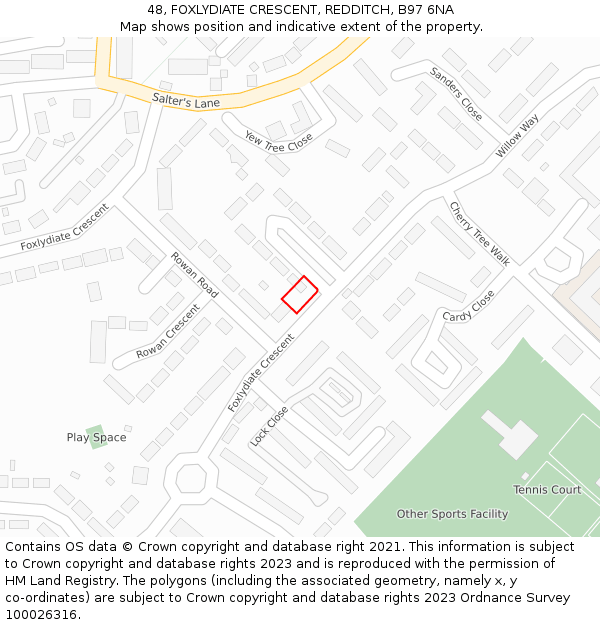 48, FOXLYDIATE CRESCENT, REDDITCH, B97 6NA: Location map and indicative extent of plot