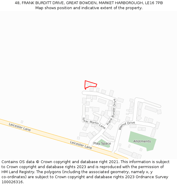 48, FRANK BURDITT DRIVE, GREAT BOWDEN, MARKET HARBOROUGH, LE16 7PB: Location map and indicative extent of plot