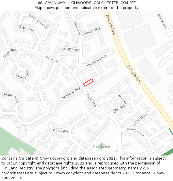 48, GAVIN WAY, HIGHWOODS, COLCHESTER, CO4 9FF: Location map and indicative extent of plot