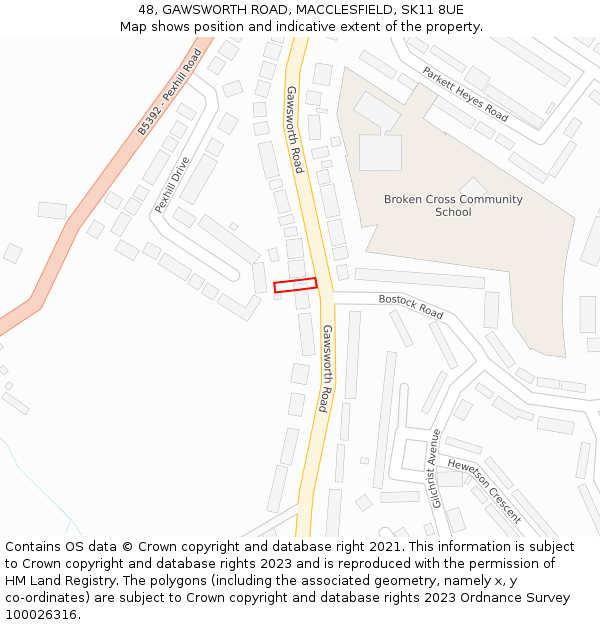 48, GAWSWORTH ROAD, MACCLESFIELD, SK11 8UE: Location map and indicative extent of plot